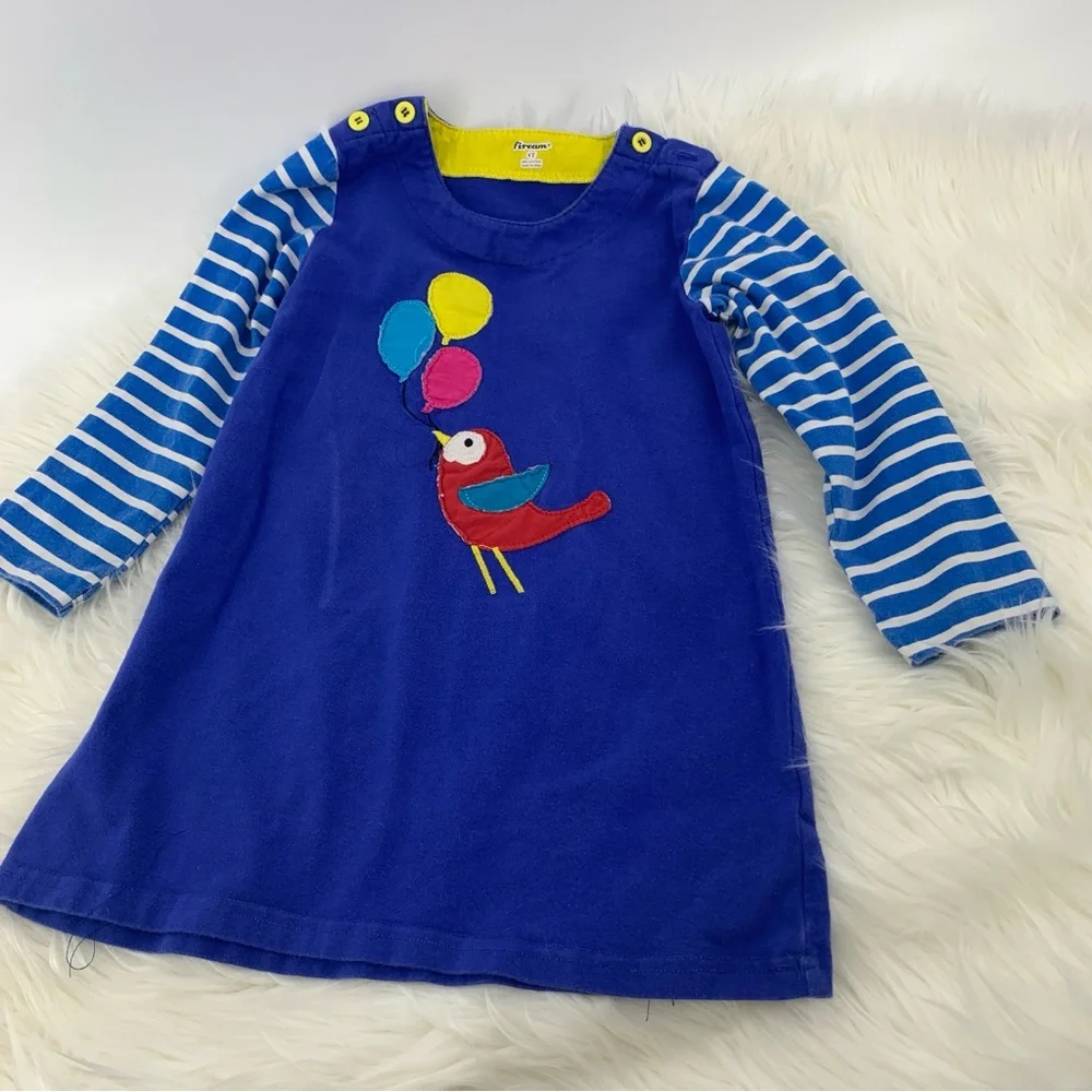 Blue Striped Long Sleeve Dress with Bird and Balloons